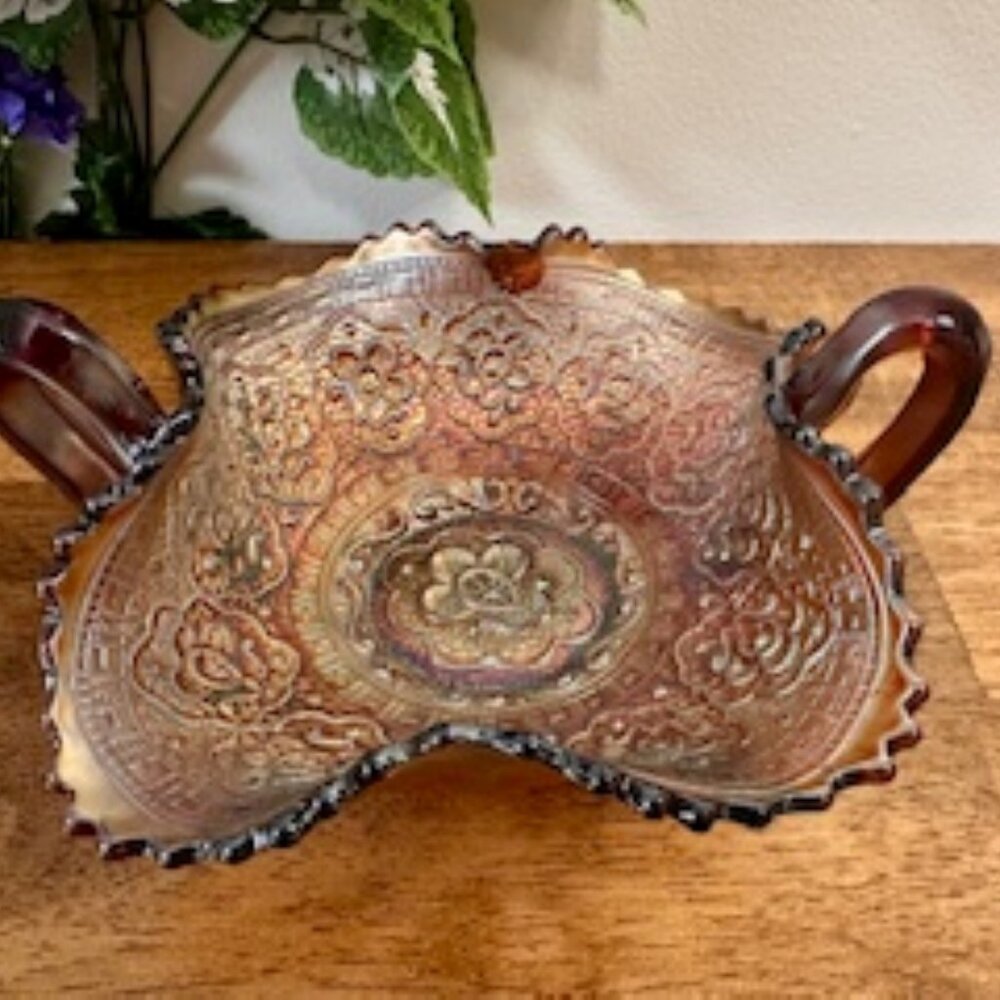 Fenton Persian Medallion Amethyst Carnival Glass Dish Purple Blue Gold Iridescen